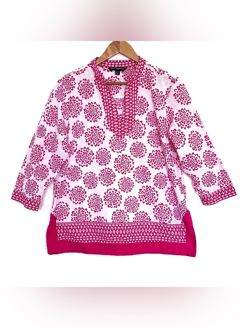 Sharagano Shirt Women’s XL Pink White Geometric Cotton 3/4 Sleeve Lightweight